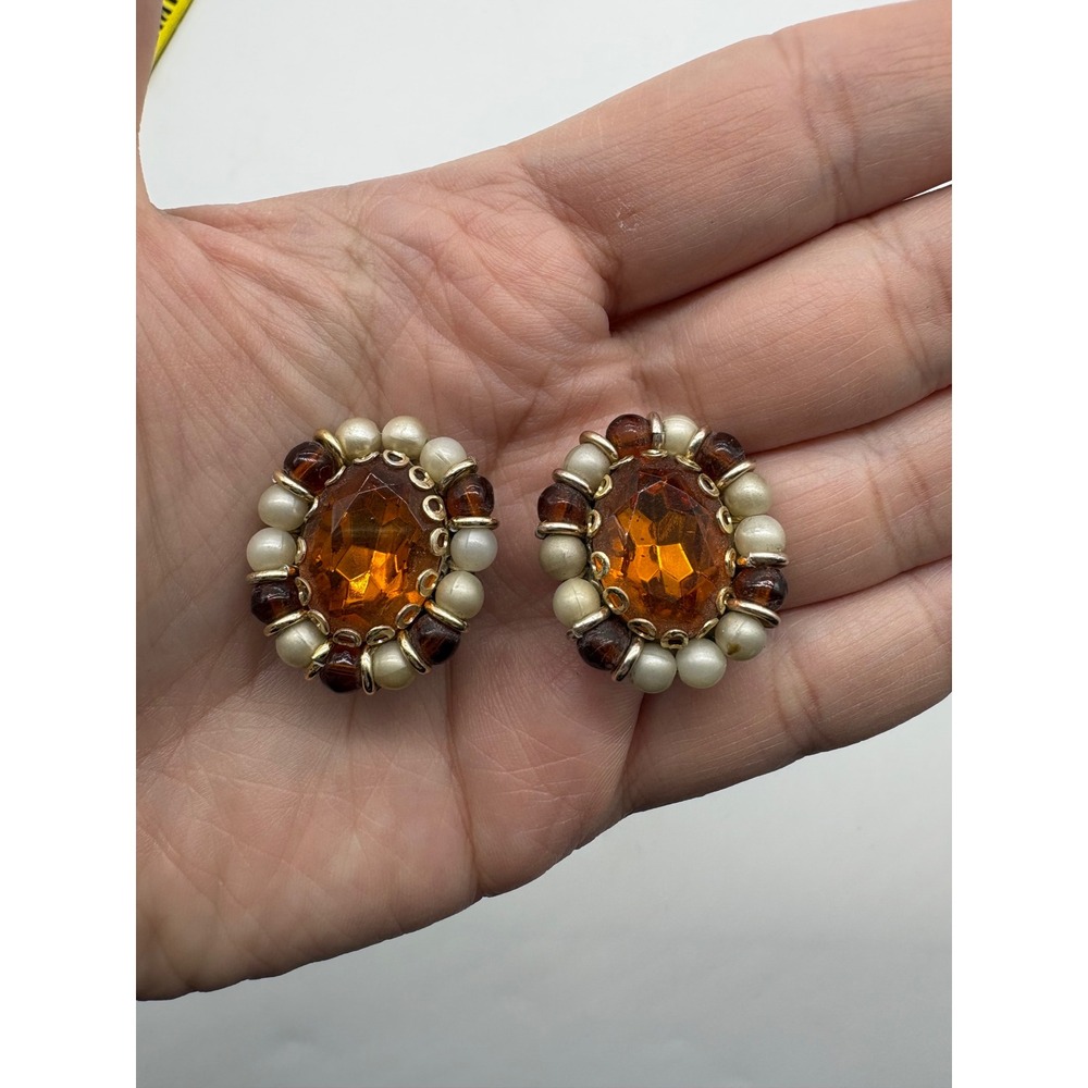 Vintage West Germany‎ Honey Warm Glass Faux Pearl Clip On Earrings Cluster
